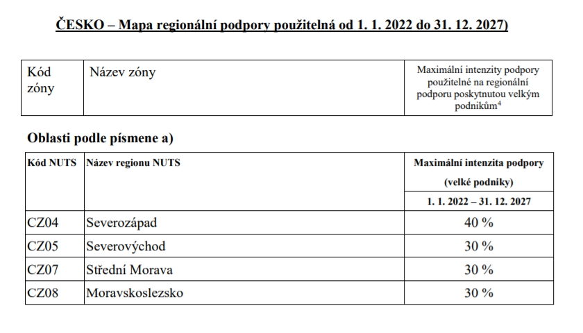 ČESKO – Mapa regionální podpory použitelná od 1. 1. 2022 do 31. 12. 2027