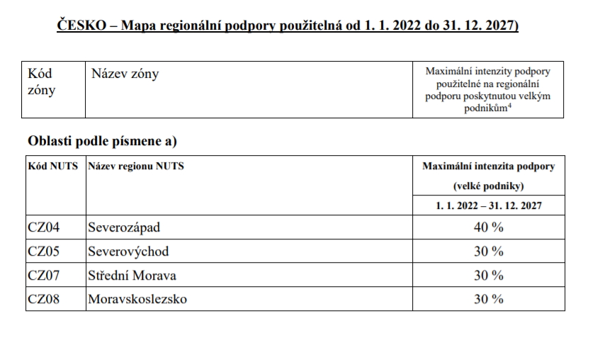 ČESKO – Mapa regionální podpory použitelná od 1. 1. 2022 do 31. 12. 2027