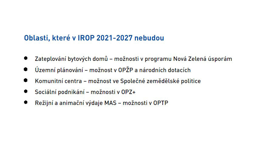 Oblasti, které v IROP 2021-2027 nebudou